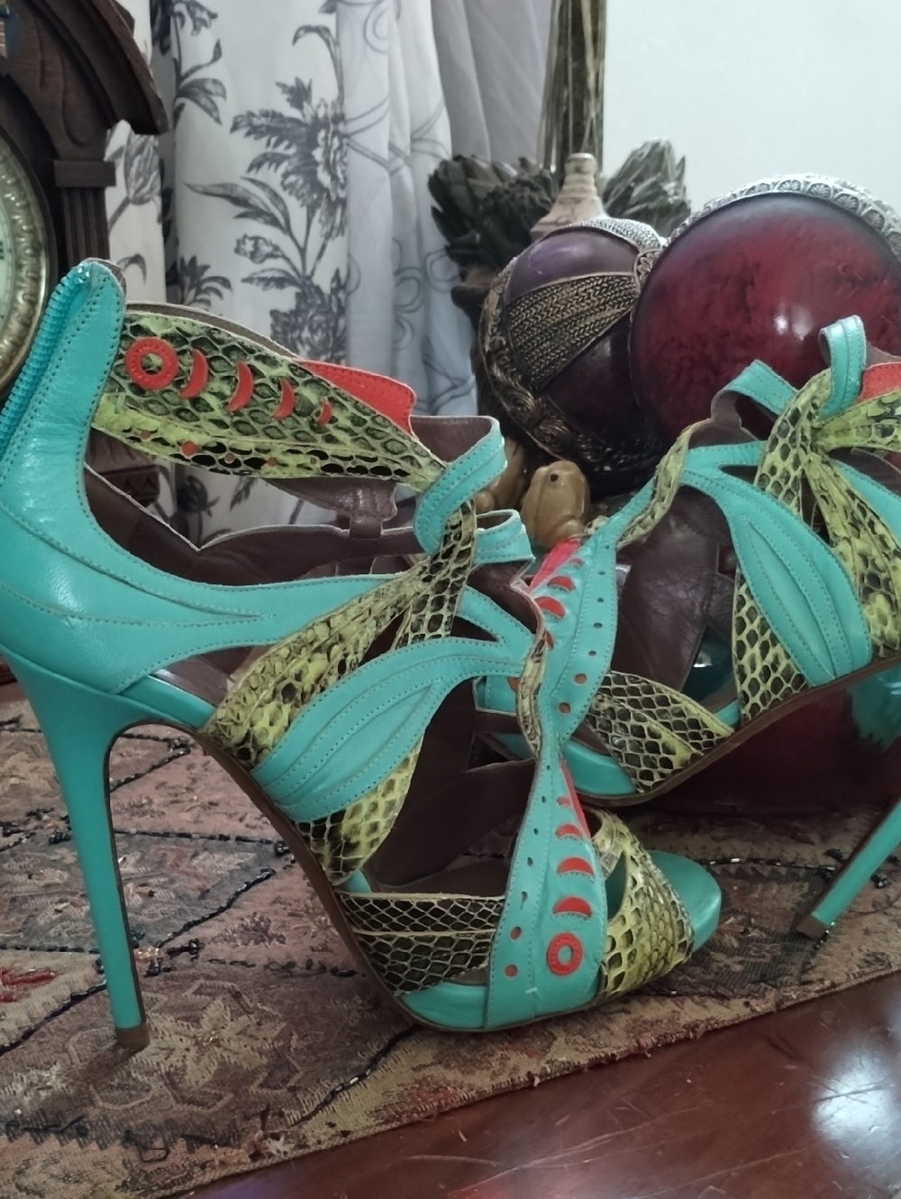 Tabitha Simmons Python Leather Turquoise, Lime & Coral Strappy High Heels 7